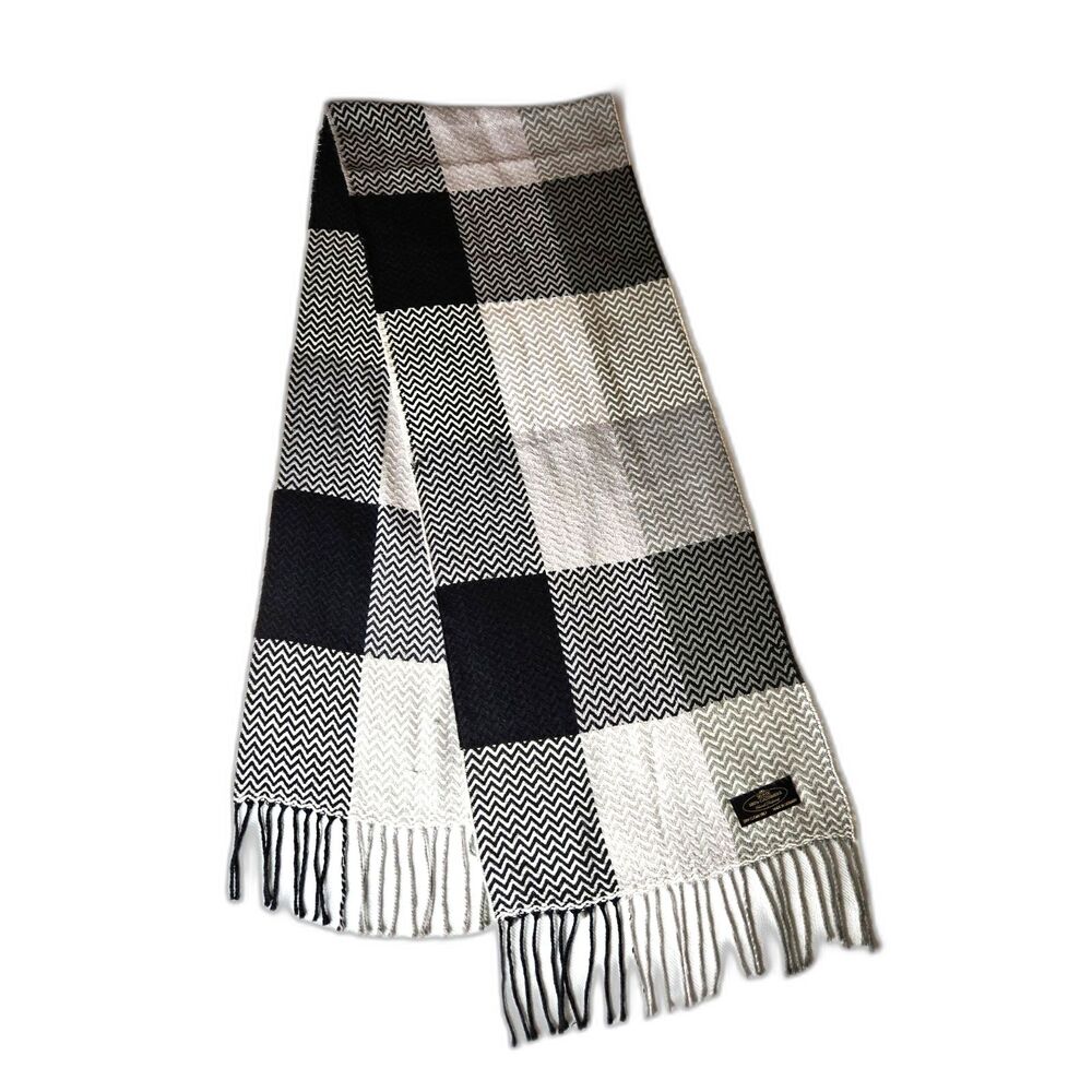 100% Cashmere Chevron Block Winter Scarf Made in Germany Black Grey White 66"